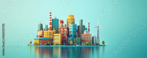 Colorful cityscape with modern buildings, wind turbines, and reflections on the water, showcasing urban life and sustainability. photo