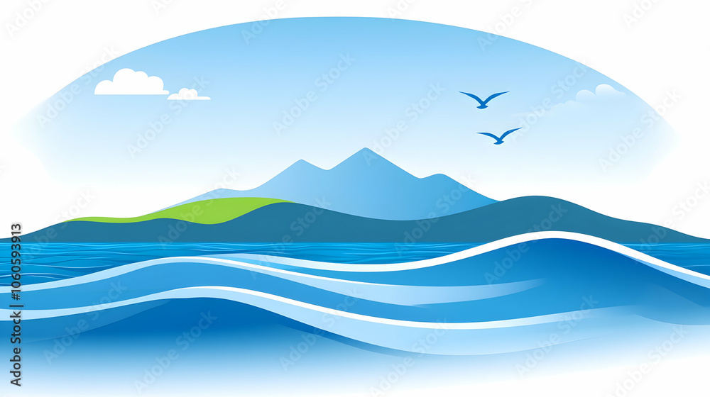 Simple Illustration of a Blue Ocean and Mountains with Birds Flying Over.