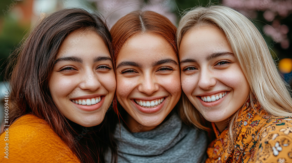 Three Friends Smiling Together Outdoors in a Park During the Day Surrounded by Trees and Blooming Flowers Three Friends Smiling Together Outdoors in a Park During the Day Surrounded by Trees and Blooming Flowers