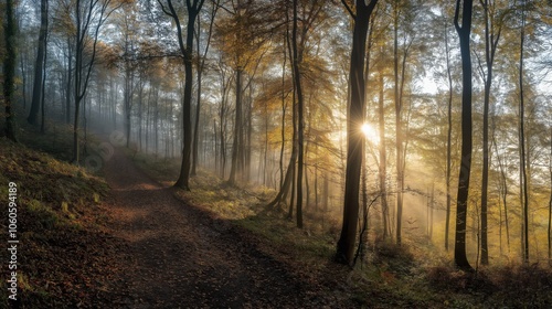 Sunlight breaks through the trees, illuminating a serene forest path. The soft mist adds a mystical quality to the early morning, creating a tranquil atmosphere in nature.