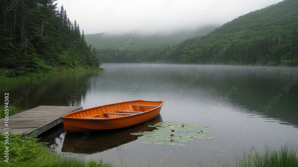 A Serene Orange Boat Rests Peacefully by the Tranquil Lake Surrounded by Lush Green Mountains on a Foggy Day A Serene Orange Boat Rests Peacefully by the Tranquil Lake Surrounded by Lush Green Mountains on a Foggy Day