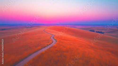 Vibrant Sunset Over Rolling Hills With a Winding Path Through Golden Fields in a Tranquil Rural Landscape