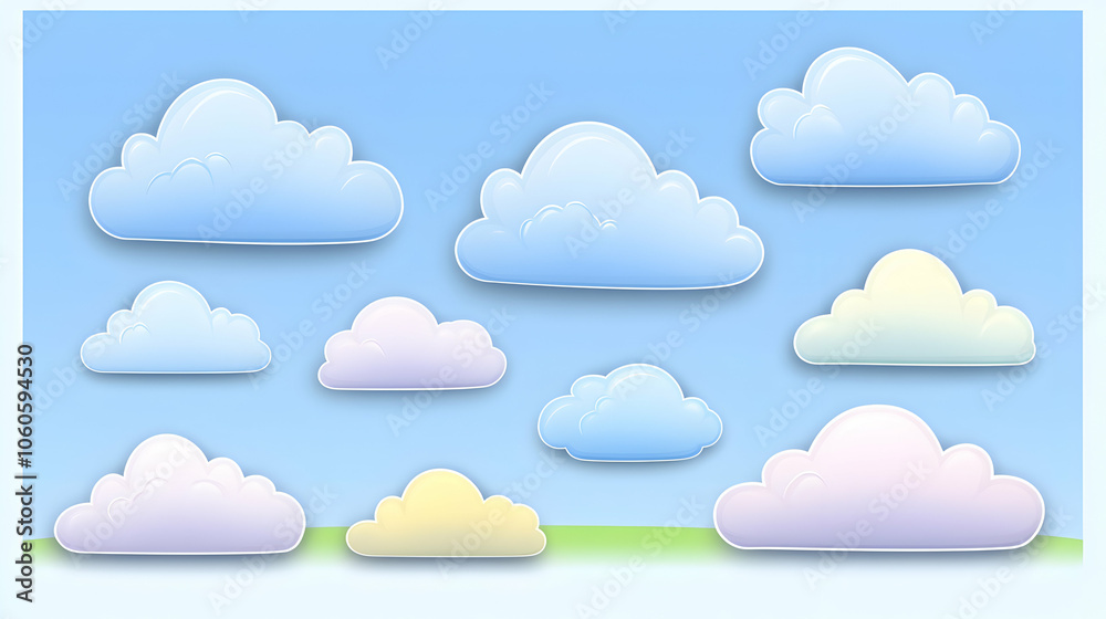 A collection of cartoon clouds in different shades of blue, pink, and yellow against a blue sky. A collection of cartoon clouds in different shades of blue, pink, and yellow against a blue sky.