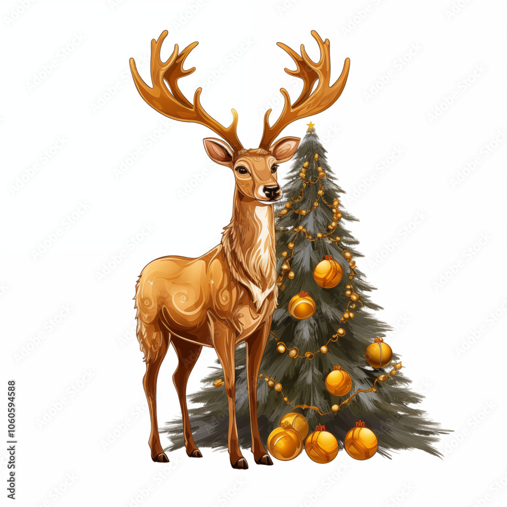 Obraz premium Cartoon reindeer standing next to a decorated Christmas tree with golden ornaments and lights