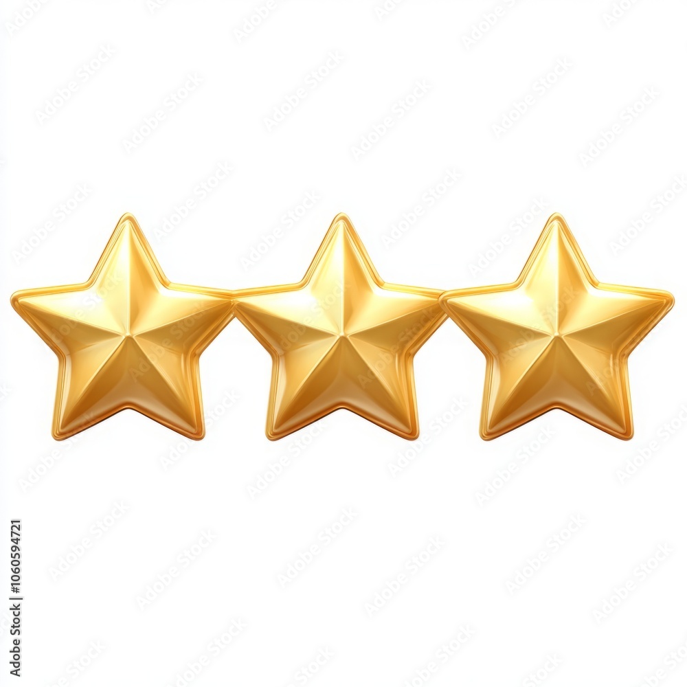Fototapeta premium Five-Star Rating Review Icon Featuring Golden Stars in a Row Isolated on White Background, Representing Quality and Excellence in Service and Products