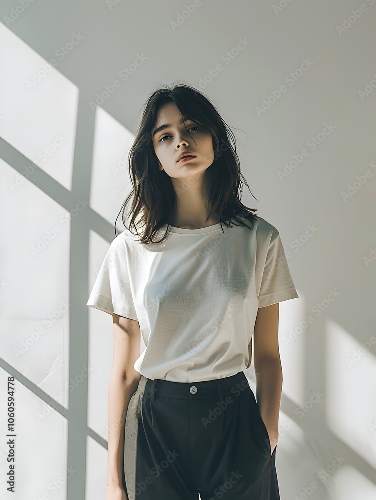 Elegant Female Figure in Simple White Tee Posing in Minimalist Studio Setting Elegant Female Figure in Simple White Tee Posing in Minimalist Studio Setting