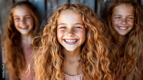 Three Cheerful Young Girls With Curly Hair Smiling Joyfully Together in a Bright Outdoor Setting During Sunny Weather