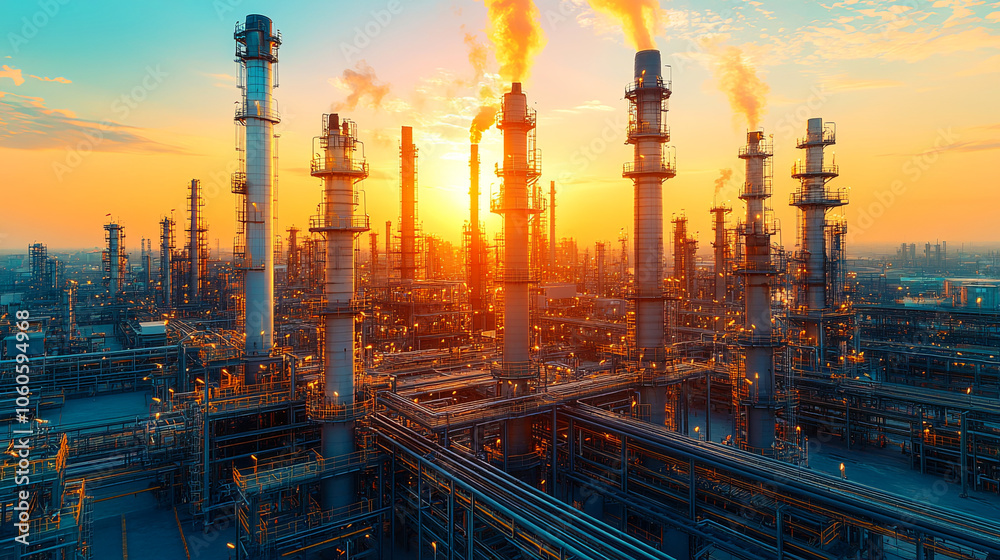 Sunset Over a Large Industrial Oil Refinery in an Urban Area With Smoke Rising From Tall Chimneys Creating a Dramatic Skyline Sunset Over a Large Industrial Oil Refinery in an Urban Area With Smoke Rising From Tall Chimneys Creating a Dramatic Skyline