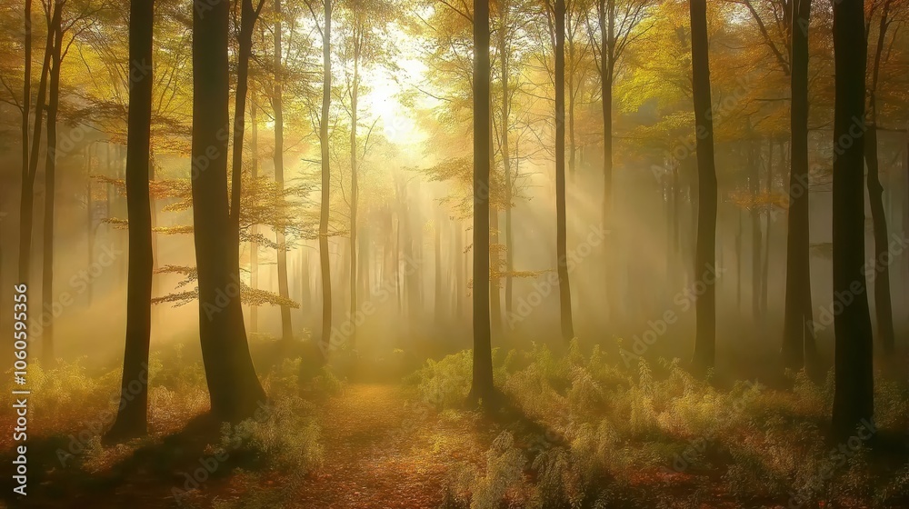 Obraz premium Sunlight breaks through the trees, illuminating a serene forest path. The soft mist adds a mystical quality to the early morning, creating a tranquil atmosphere in nature.