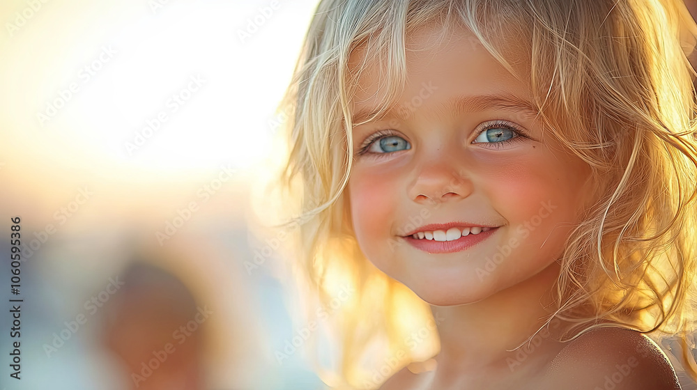 A Smiling Young Child With Long Blonde Hair Enjoys a Sunny Day at the Beach During Sunset, Radiating Joy and Innocence A Smiling Young Child With Long Blonde Hair Enjoys a Sunny Day at the Beach During Sunset, Radiating Joy and Innocence