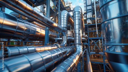 detailed perspective of industrial piping and infrastructure showcasing metallic pipes and structures in factory setting. intricate design highlights complexity and functionality of system