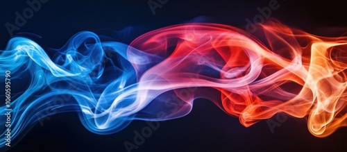 Abstract blue and red smoke swirls on black background.