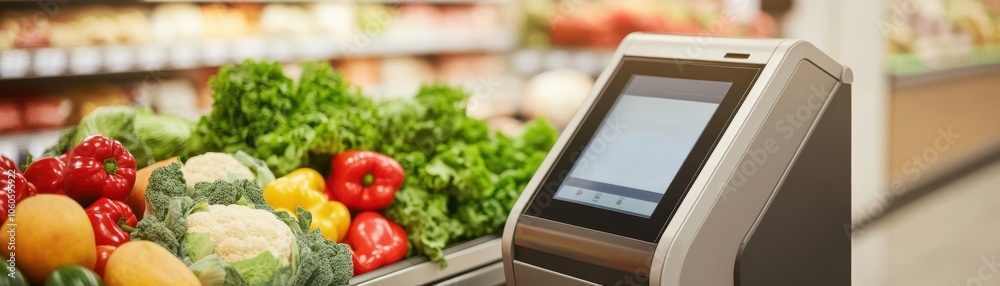 A modern self-checkout kiosk with fresh vegetables in a grocery store setting, promoting convenience in shopping. A modern self-checkout kiosk with fresh vegetables in a grocery store setting, promoting convenience in shopping.