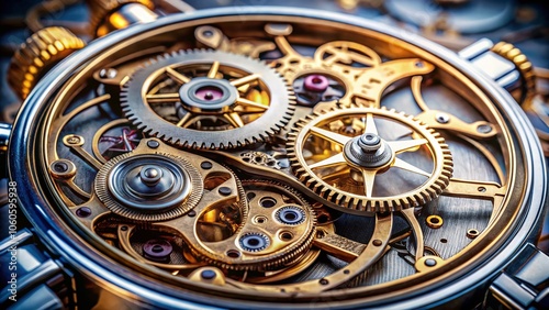 Intricate Clockwork Mechanism - Gears and Cogs in Elegant Stainless Steel Watch Design, Precision Craftsmanship, Detailed Metal Components, Clock Parts, Luxury Timepiece Photography