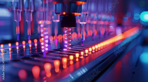 vibrant view of DNA sequencing gel in laboratory setting, showcasing colorful lights and pipetting equipment. intricate details highlight advanced technology used in genetic research photo