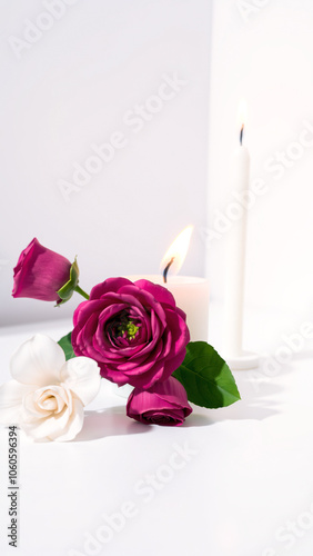 pink rose white flower with a burning candle