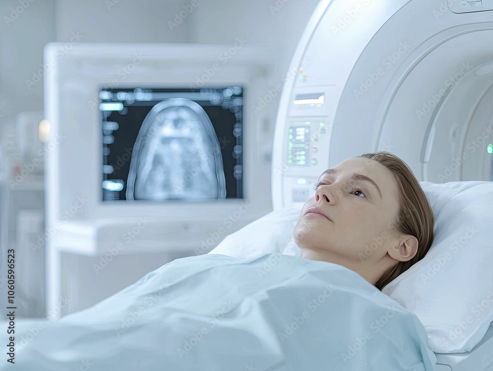 Patient receiving a diagnostic scan within a hospital room, clinical atmosphere, modern equipment, efficient healthcare setting. Patient receiving a diagnostic scan within a hospital room, clinical atmosphere, modern equipment, efficient healthcare setting.