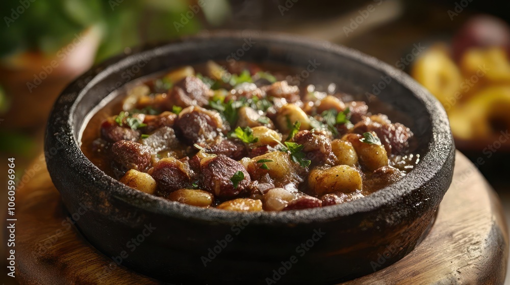 A dish of slow-cooked beef stew served in a traditional, round, terracotta baking dish. A dish of slow-cooked beef stew served in a traditional, round, terracotta baking dish.