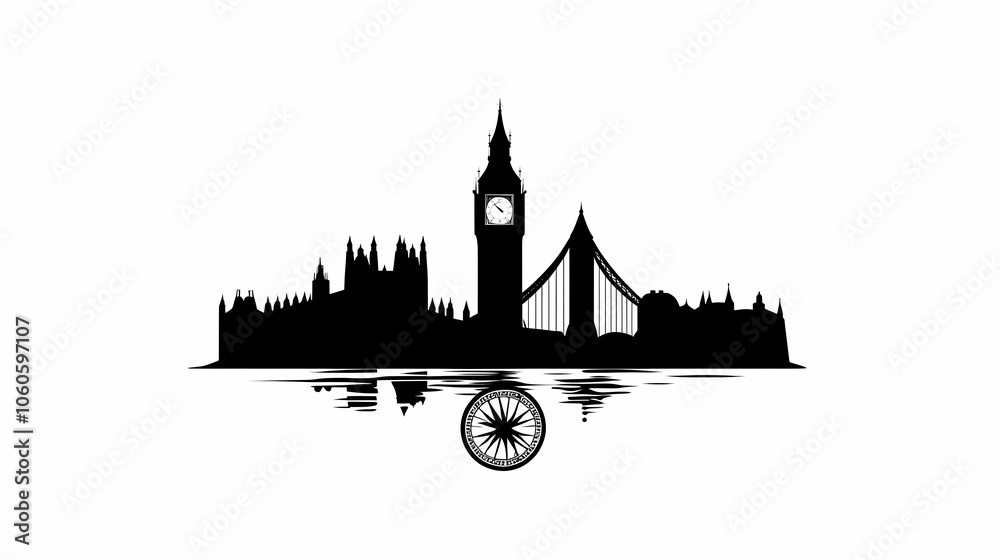 Naklejka premium Black and white silhouette of London skyline with Big Ben, Houses of Parliament and Tower Bridge reflected in water with a compass.