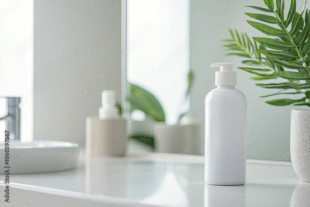 Artificial tears bottle on bathroom countertop reflecting in mirror, minimalist design, gentle morning light, serene and fresh ambiance. Artificial tears bottle on bathroom countertop reflecting in mirror, minimalist design, gentle morning light, serene and fresh ambiance.