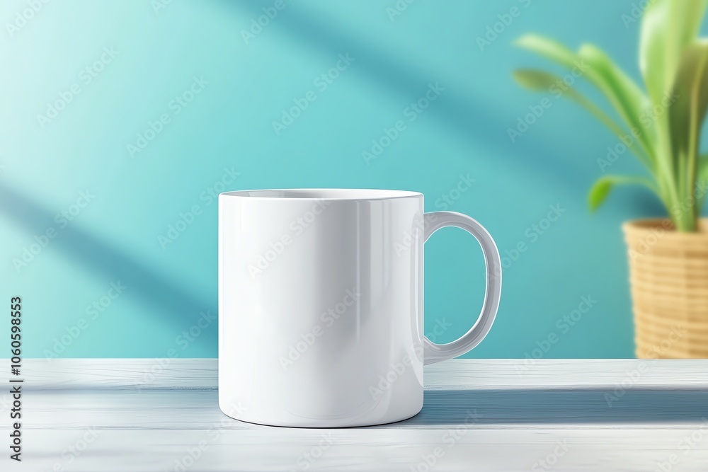 Obraz premium A clean white mug on a table against a vibrant blue background, ideal for showcasing beverages or branding.