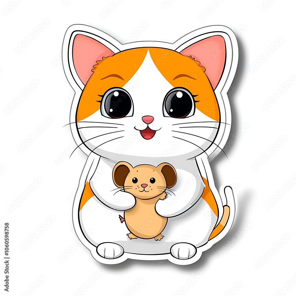 Cute Anime Cat with Toy Mouse Sticker Design Cute Anime Cat with Toy Mouse Sticker Design