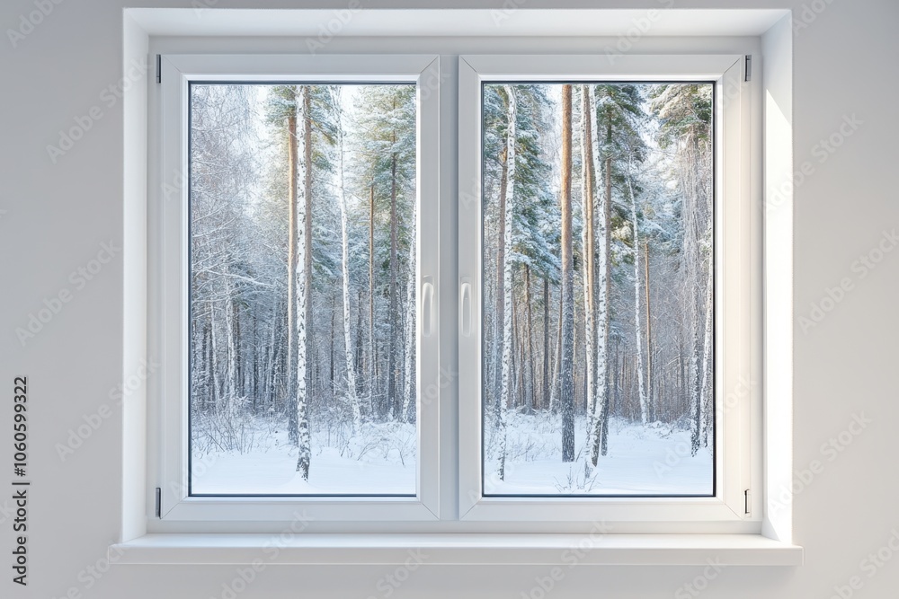 Winter wonderland view modern white window Winter wonderland view modern white window