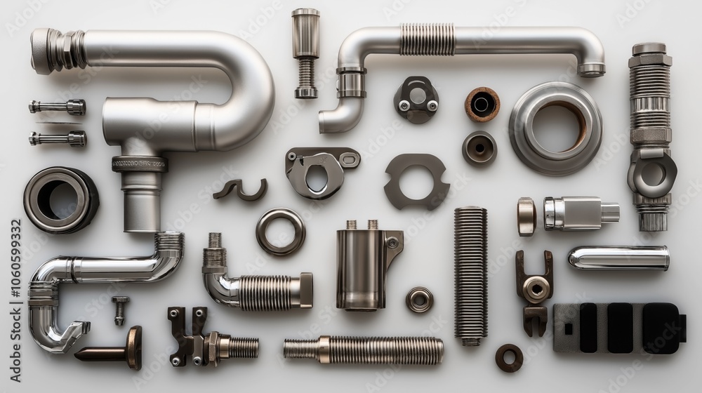 Obraz premium Assortment of metal industrial components including pipes, connectors, and fasteners arranged on a white surface.