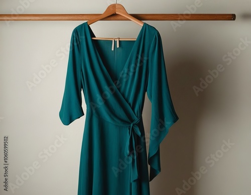 Elegant emerald green dress hanging on a wooden hanger against a soft backdrop.