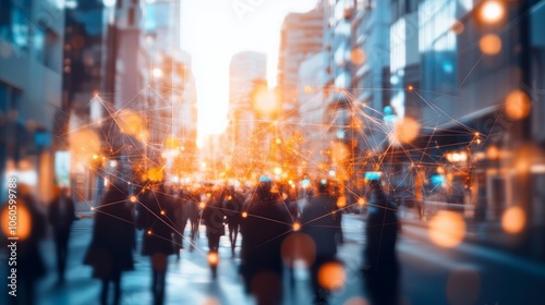 Blurry Cityscape with People Walking and Network Connections