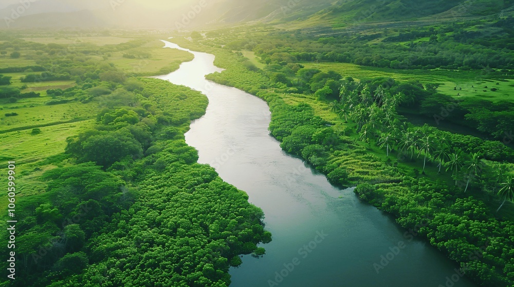 Fototapeta premium Serene River Flowing Through Lush Green Landscape
