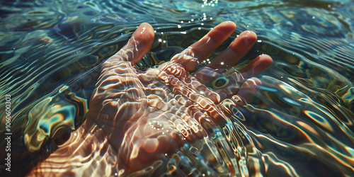 A hand emerges from the water, creating ripples on its surface. photo