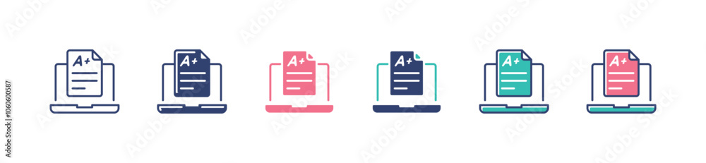 online quiz exam result score icon set education evaluation questionnaire test A plus grade performance with laptop vector illustration online quiz exam result score icon set education evaluation questionnaire test A plus grade performance with laptop vector illustration