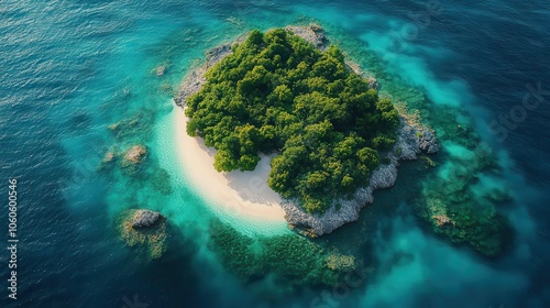 aerial view of a lush tropical island surrounded by vibrant turquoise waters showcasing coral reefs and sandy beaches under a clear blue sky emphasizing serenity and paradise