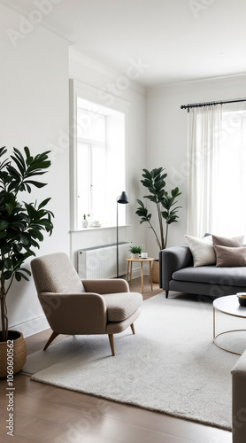 minimalist living room with a comfortable armchair a gray couch