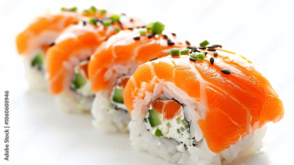 Fresh Salmon Sushi Rolls on White Background Fresh Salmon Sushi Rolls on White Background