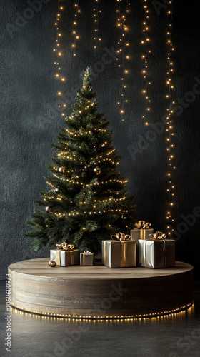 Christmas tree and decoration podium background for product presentation photo