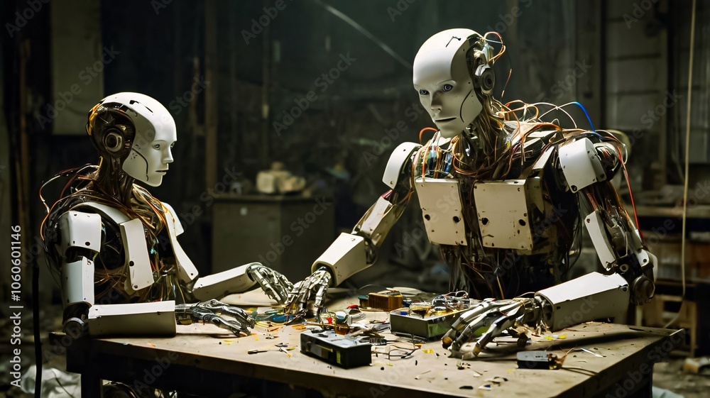 Humanoid robots in dark workshop, exposed wires and plastic shells. V1 Humanoid robots in dark workshop, exposed wires and plastic shells. V1