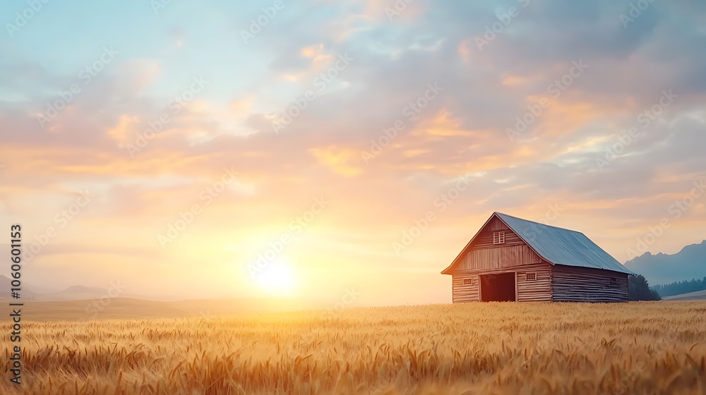 Sunrise illuminates serene barn amidst golden wheat field in tranquil landscape