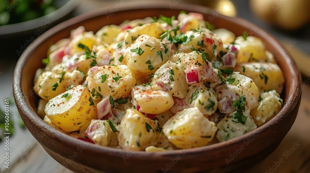 Creamy potato salad in a wooden bowl with ingredients and some garnishes for flavoring.