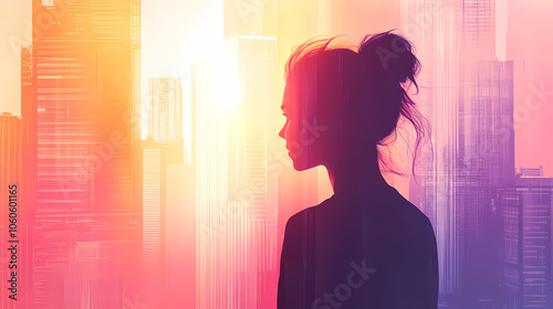 A woman s silhouette filled with a modern cityscape featuring tall skyscrapers and sunlight breaking through the silhouette stands against a soft gradient background. Photorealism. Illustration photo