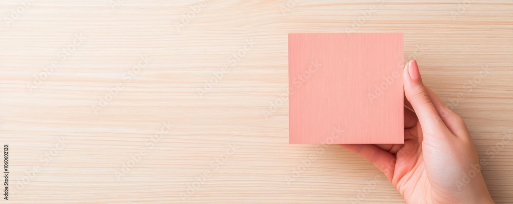 A person holds a pink square box on a wooden table, perfect for showcasing packaging or gift ideas. A person holds a pink square box on a wooden table, perfect for showcasing packaging or gift ideas.