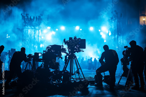 A movie production crew with cameras and lighting equipment, standing in front of an open set, blue lights shining on them,