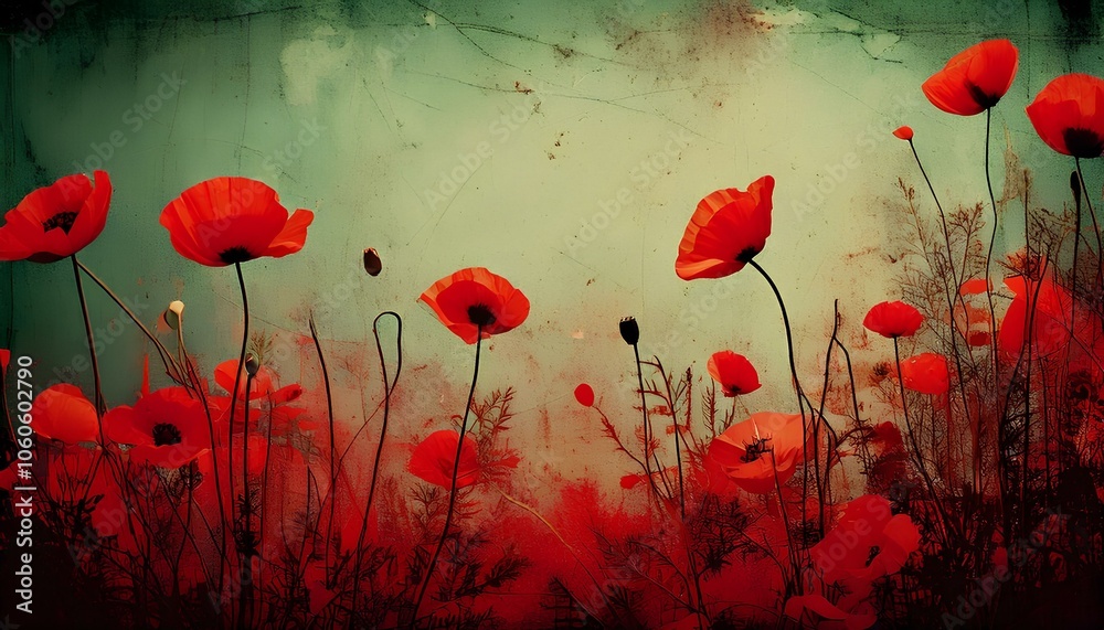 Obraz premium Grungy background for photography for advertising including a pot of poppy flower, illustration