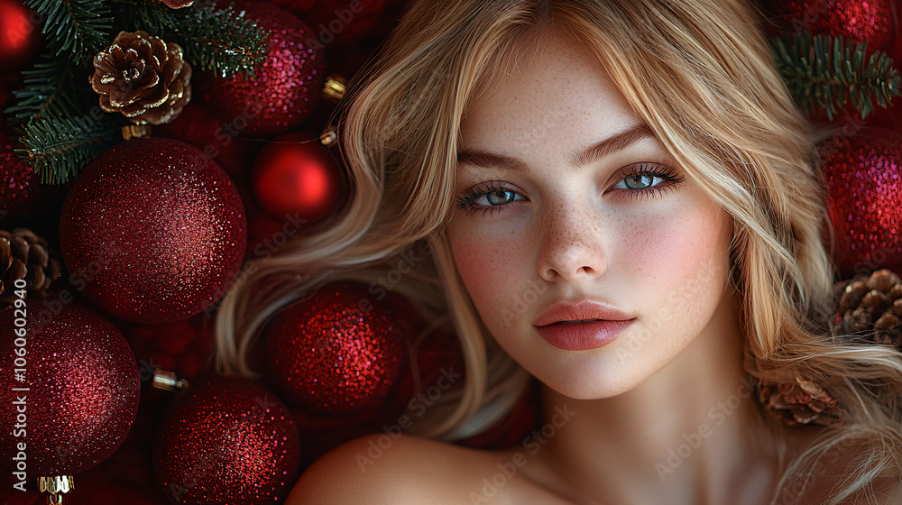 A serene woman rests beside festive decorations on a vibrant red background during the holiday season. A serene woman rests beside festive decorations on a vibrant red background during the holiday season.