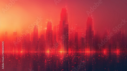 Futuristic Red Digital City with Glowing Lights and Grids