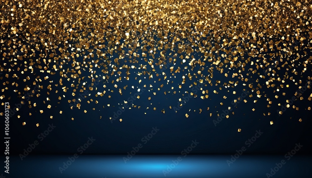 Festive Gold Particles Glittering And Falling Down Against A Rich Dark Blue Background Festive Gold Particles Glittering And Falling Down Against A Rich Dark Blue Background