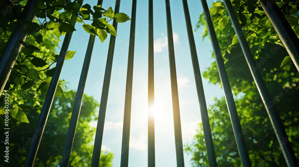 Obraz premium Sunlight Through Tree Leaves and Metal Bars
