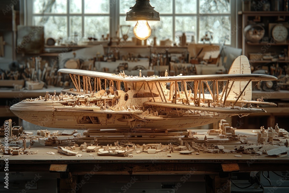 Intricately Detailed Wooden Model of an Airplane in a Workshop Setting Intricately Detailed Wooden Model of an Airplane in a Workshop Setting