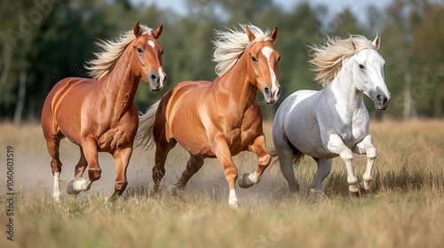 Three majestic horses gallop freely across the open field exuding grace and power in their natural habitat